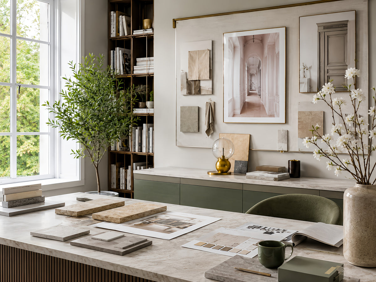 Werkruimte met een tafel vol materiaalstalen, planten en ingelijste wanddecoratie.