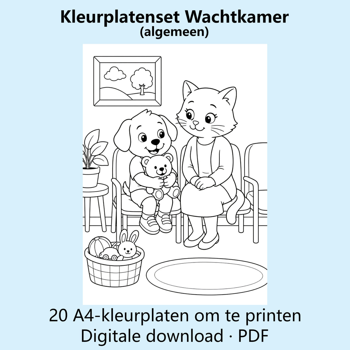 Digitale kleurplatenset voor de wachtkamer met voorbeelden van verschillende zwart-witte A4-kleurplaten.