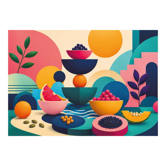 Grafische poster met schalen, fruit, zaden en geometrische vormen voor diëtistenpraktijk of horeca